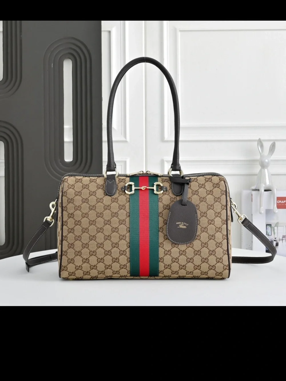 Gucci Beige GG Supreme Satchel with Green and Red Web Stripe
